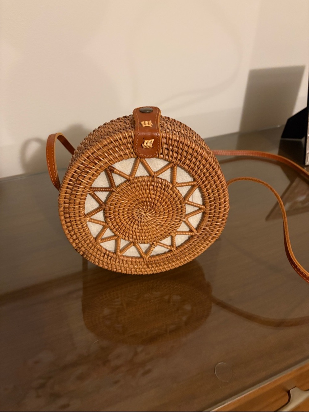 Hand Crafted Round Woven Crossbody Bag in Tan and Cream